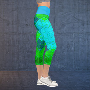 Mosaic Kaleidoscope Square Green and Blue Leggings