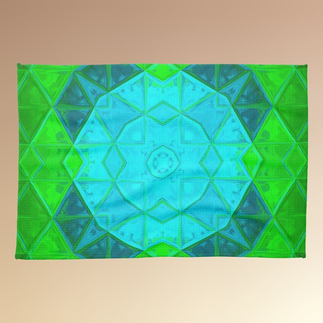 Mosaic Kaleidoscope Square Green and Blue Tea Towel (Creator Uploaded)