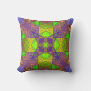 Mosaic Kaleidoscope Square Green Purple and Yellow Cushion