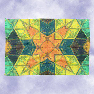 Mosaic Kaleidoscope Square Orange Yellow and Green Tea Towel