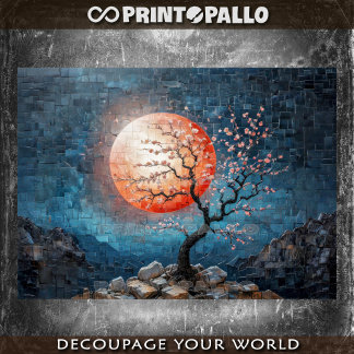 Mosaic landscape with red sun and a cherry tree  tissue paper