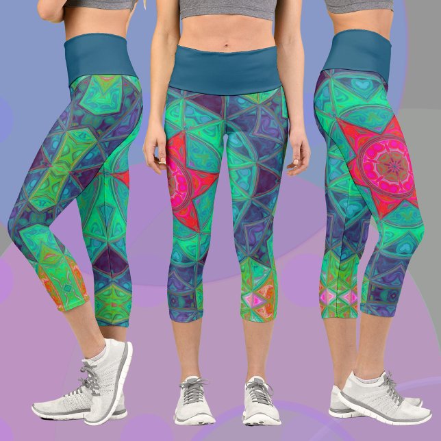 Mosaic Mandala Blue Green and Red Capri Leggings (Creator Uploaded)