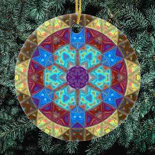 Mosaic Mandala Blue Pink and Yellow Ceramic Tree Decoration