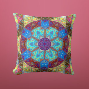 Mosaic Mandala Blue Pink and Yellow Cushion