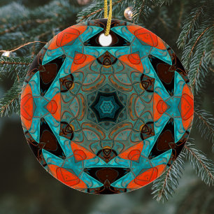 Mosaic Mandala Flower Blue and Orange Ceramic Tree Decoration