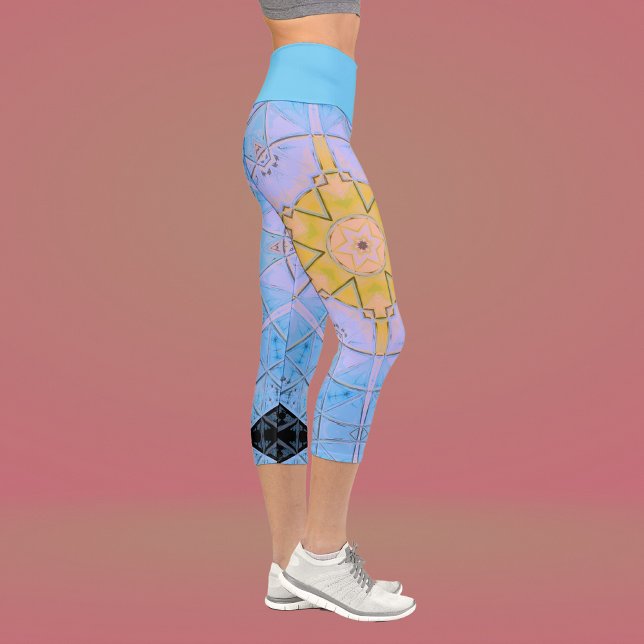 Mosaic Mandala Flower Blue and Yellow Capri Leggings (Creator Uploaded)