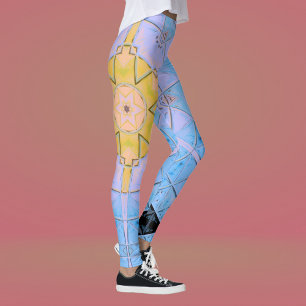 Mosaic Mandala Flower Blue and Yellow Leggings