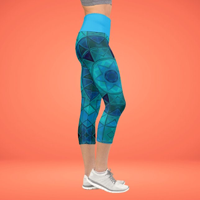 Mosaic Mandala Flower Blue Capri Leggings (Creator Uploaded)