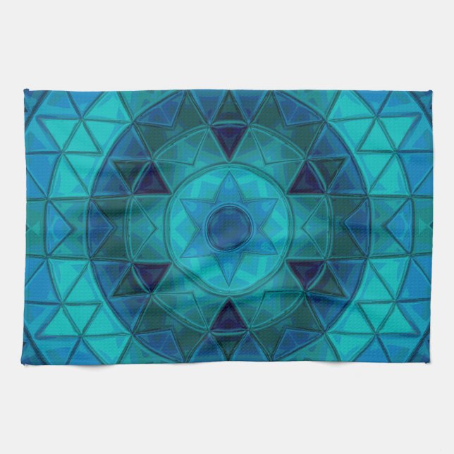 Mosaic Mandala Flower Blue Tea Towel (Horizontal)