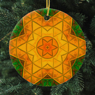 Mosaic Mandala Flower Green and Yellow Ceramic Tree Decoration