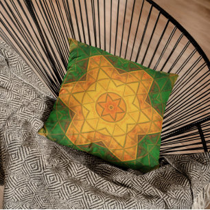 Mosaic Mandala Flower Green and Yellow Cushion