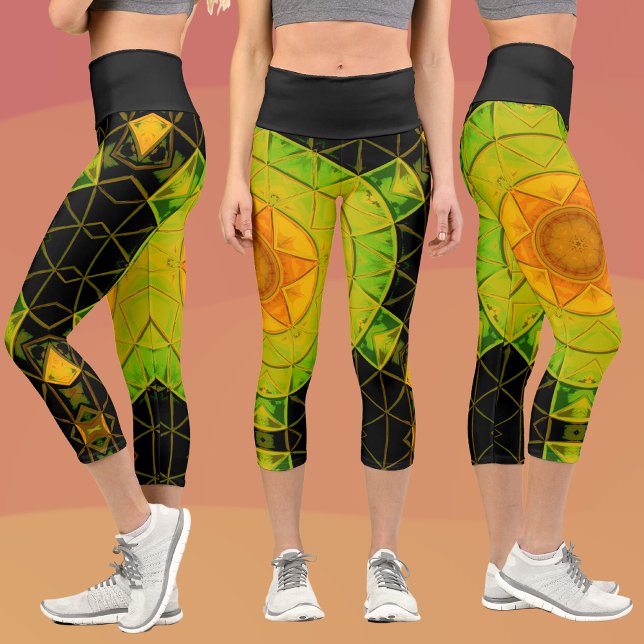 Mosaic Mandala Flower Green Orange and Black Capri Leggings (Creator Uploaded)