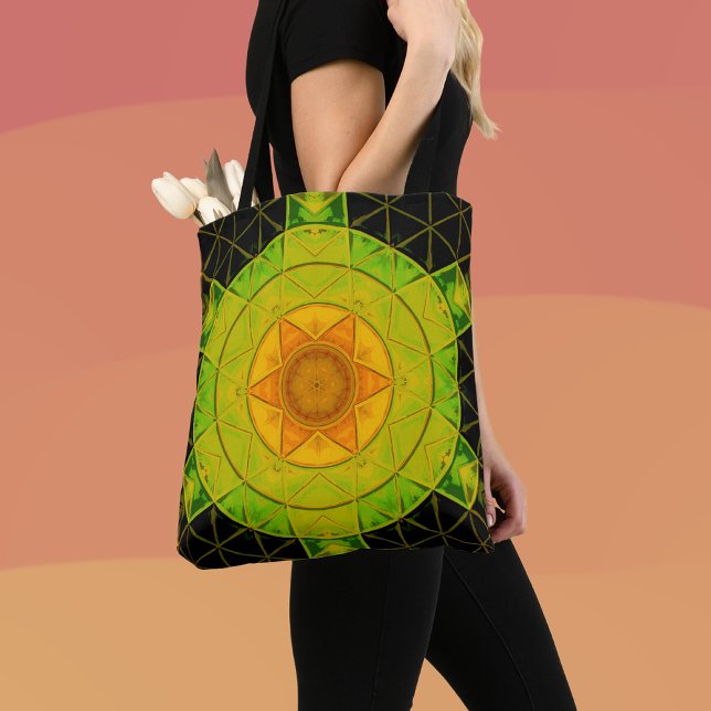 Mosaic Mandala Flower Green Orange and Black Tote Bag (Creator Uploaded)
