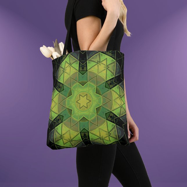 Mosaic Mandala Flower Green Yellow and Black Tote Bag (Creator Uploaded)