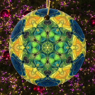 Mosaic Mandala Flower Green Yellow and Blue Ceramic Tree Decoration