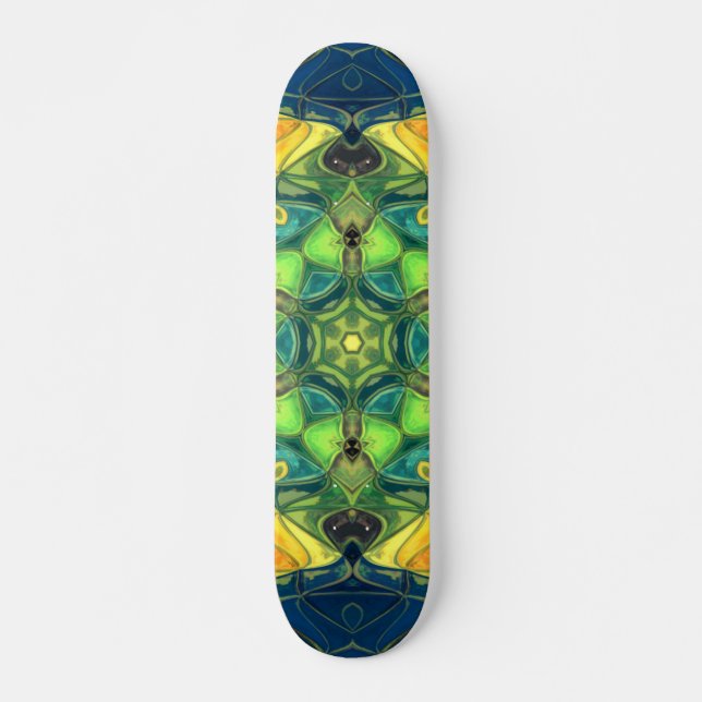Mosaic Mandala Flower Green Yellow and Blue Skateboard (Front)