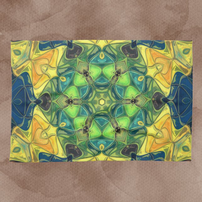 Mosaic Mandala Flower Green Yellow and Blue Tea Towel (Creator Uploaded)