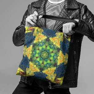 Mosaic Mandala Flower Green Yellow and Blue Tote Bag