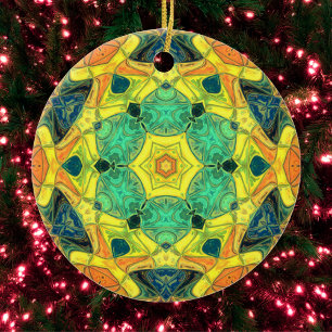 Mosaic Mandala Flower Green Yellow Blue and Orange Ceramic Tree Decoration