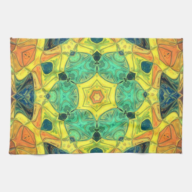 Mosaic Mandala Flower Green Yellow Blue and Orange Tea Towel (Horizontal)