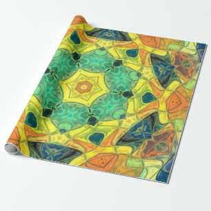Mosaic Mandala Flower Green Yellow Blue and Orange Wrapping Paper