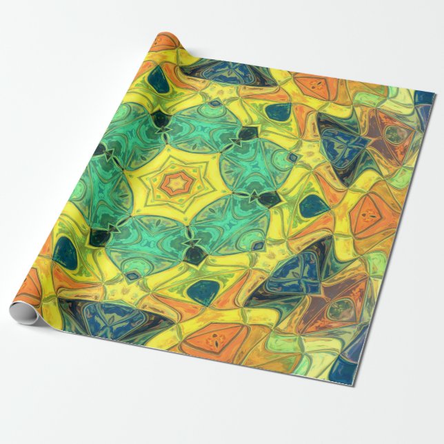 Mosaic Mandala Flower Green Yellow Blue and Orange Wrapping Paper (Unrolled)