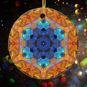 Mosaic Mandala Flower Orange and Blue Ceramic Tree Decoration