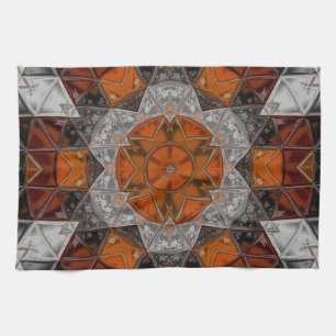 Mosaic Mandala Flower Orange White and Black Tea Towel