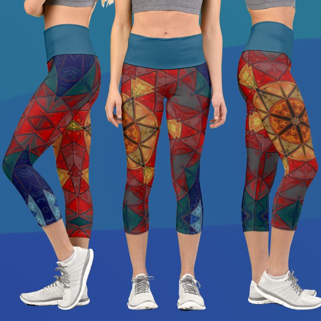 Mosaic Mandala Flower Red Blue and Yellow Capri Leggings (Creator Uploaded)