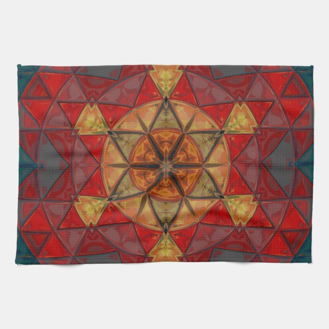 Mosaic Mandala Flower Red Blue and Yellow Tea Towel (Horizontal)