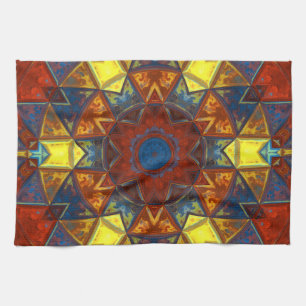 Mosaic Mandala Flower Red Yellow and Blue Tea Towel