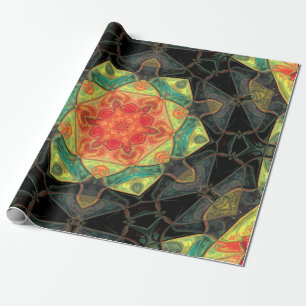 Mosaic Mandala Flower Red Yellow Green and Black Wrapping Paper