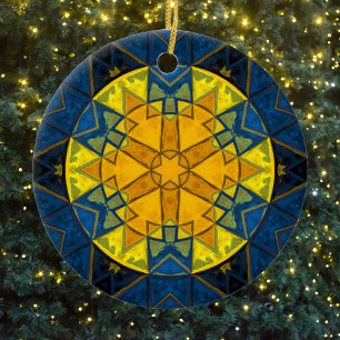 Mosaic Mandala Flower Yellow Blue and Red Ceramic Tree Decoration