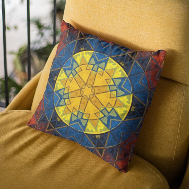 Mosaic Mandala Flower Yellow Blue and Red Cushion (Creator Uploaded)