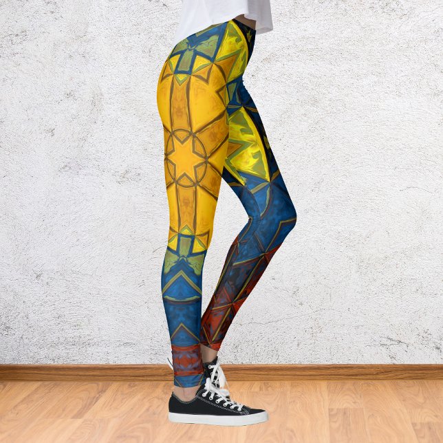 Mosaic Mandala Flower Yellow Blue and Red Leggings (Creator Uploaded)