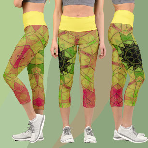 Mosaic Mandala Flower Yellow Green and Pink Capri Leggings