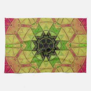 Mosaic Mandala Flower Yellow Green and Pink Tea Towel