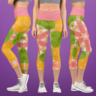 Mosaic Mandala Orange Green and Pink Capri Leggings