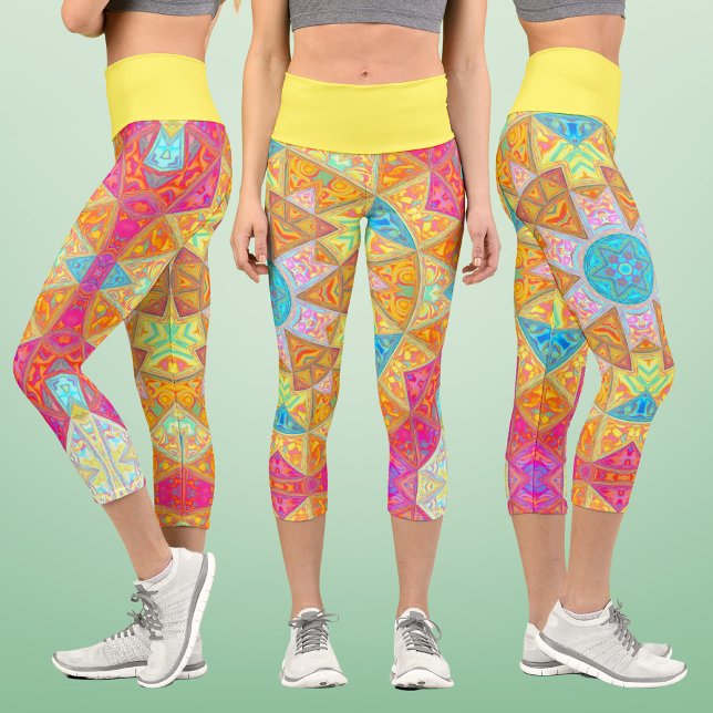 Mosaic Mandala Yellow Pink and Blue Capri Leggings (Creator Uploaded)