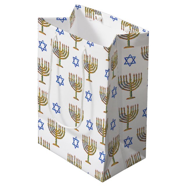 Mosaic Menorahs + Stars Medium Gift Bag (Front Angled)