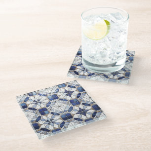 Mosaic Moroccan Tile Pattern#2 Blue White ID1078 Glass Coaster