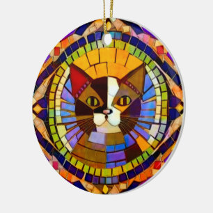 Mosaic of Cat - Colourful Calico - own text on bac Ceramic Tree Decoration