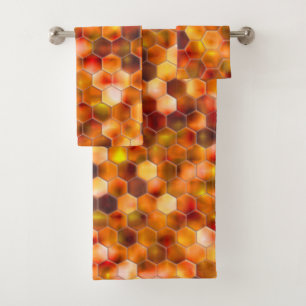 Mosaic of hexagons on spots in reddish tones throw bath towel set