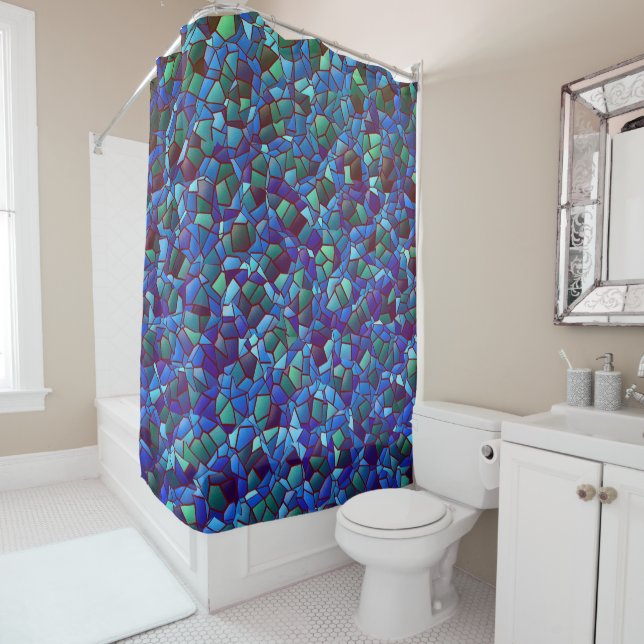 Mosaic of spattered or smoked lilac blue and green shower curtain (In Situ)