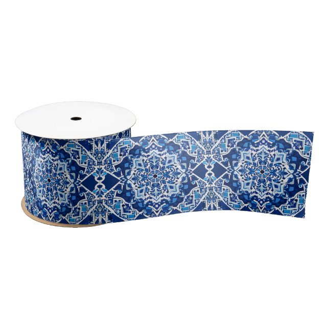 Mosaic Pattern in Indigo and Cobalt Blue Satin Ribbon (Spool)