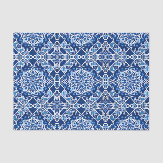 Mosaic Pattern in Indigo and Cobalt Blue Tissue Paper (Front)