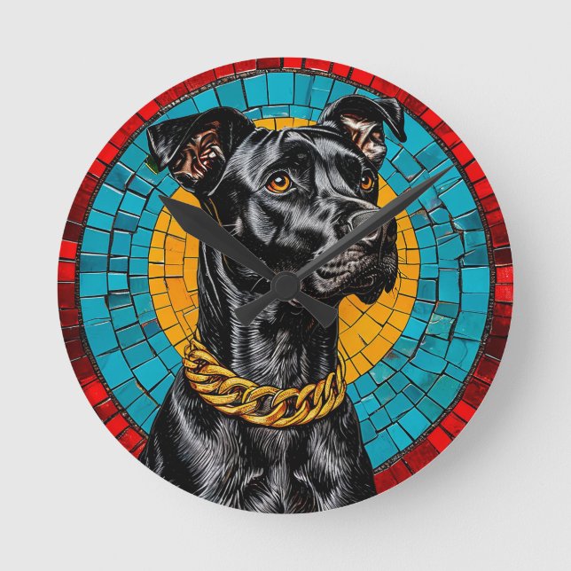 Mosaic Portrait of a Black Dog Round Clock (Front)