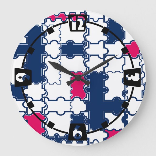 Mosaic puzzles blue navy pink white patches abstra large clock (Front)
