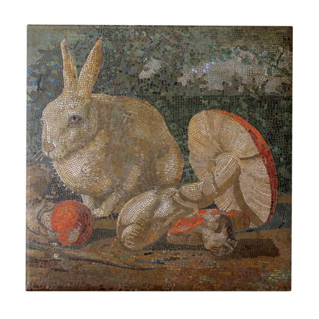 Mosaic rabbit and mushroom nature vintage tile (Front)