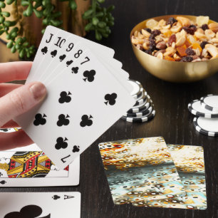 Mosaic scraps thrown over grey and coral texture playing cards
